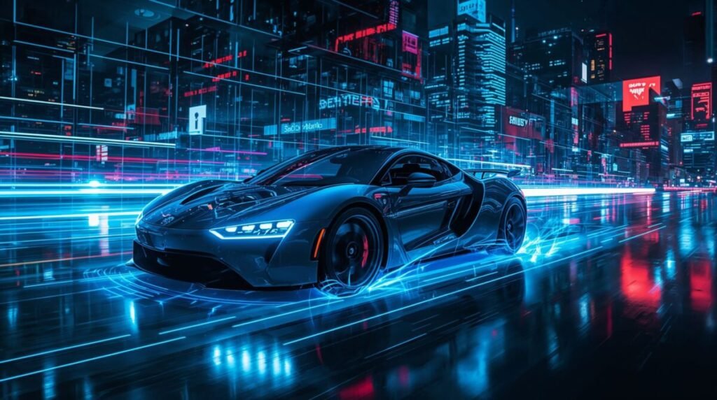 Lucid Realism Electric Supercar Speeding Through Digital City Wallpaper