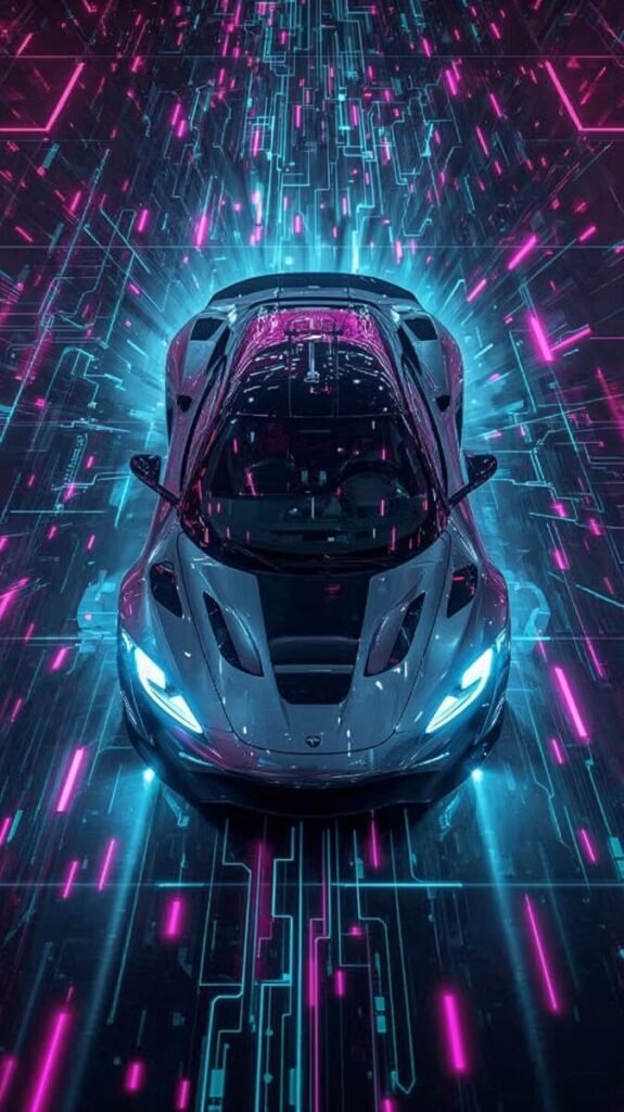 Vertical Electric Supercar in Vibrant Digital City Wallpaper