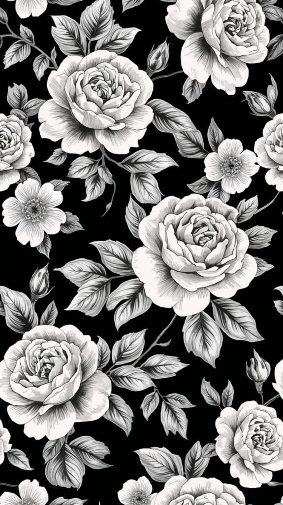 High contrast black and white floral wallpaper