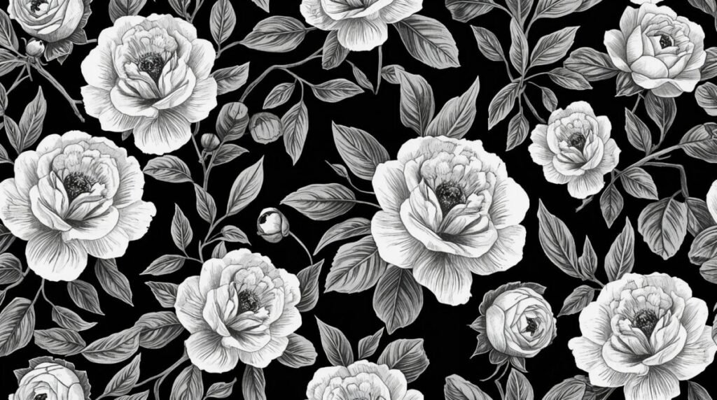 Sophisticated black and white rose wallpaper