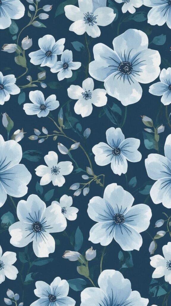 Vertical Elegant Blue Floral Wallpaper with Delicate Watercolor Details