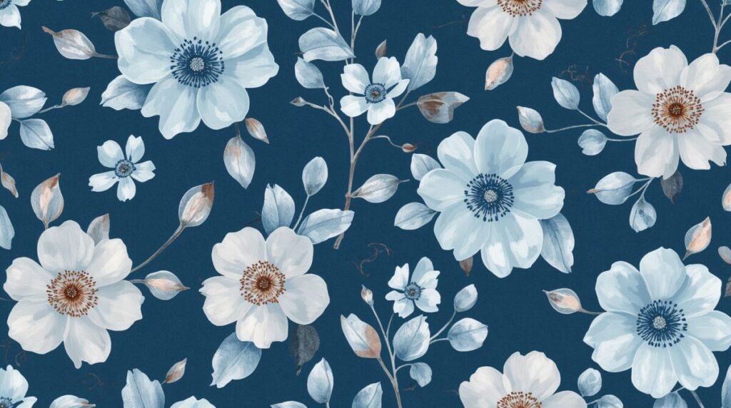 Elegant Blue Floral Wallpaper with Intricate Watermark Design