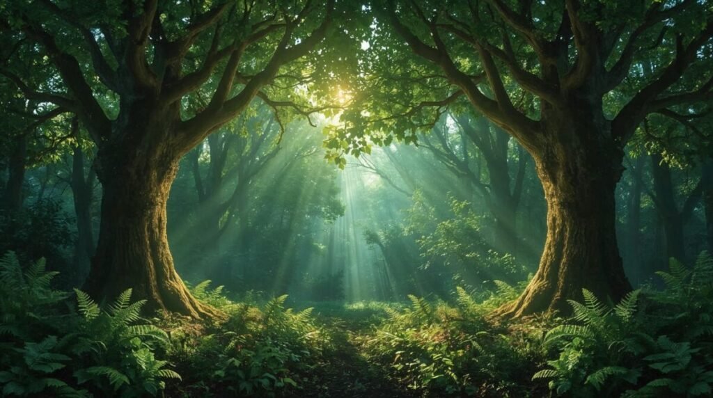 Lucid realism enchanted forest with towering glowing trees, mystical atmosphere wide shot