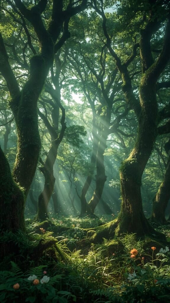 Lucid realism enchanted forest with towering glowing trees, vertical fantasy landscape