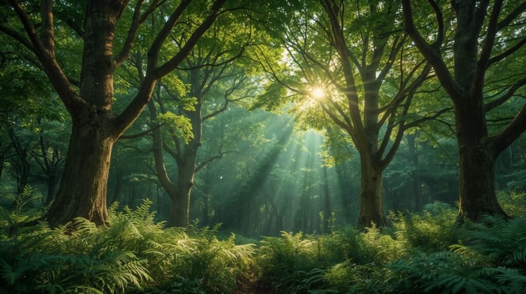 Lucid realism enchanted forest with towering glowing trees, magical scene wide shot