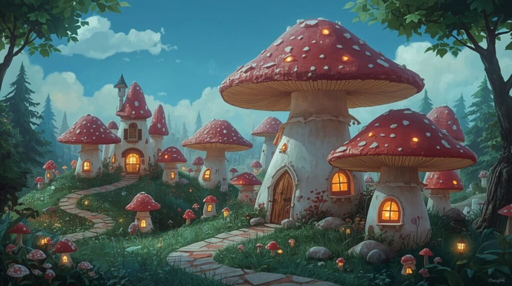 Magical fairy tale mushroom house fantasy background