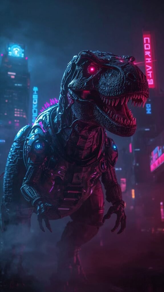 Futuristic cyberpunk dinosaur with sleek neon armor and glowing circuitry, vertical