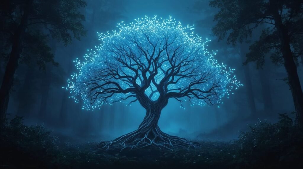 Lucid realism futuristic neon blue tree with intricate branches, glowing aesthetic wide