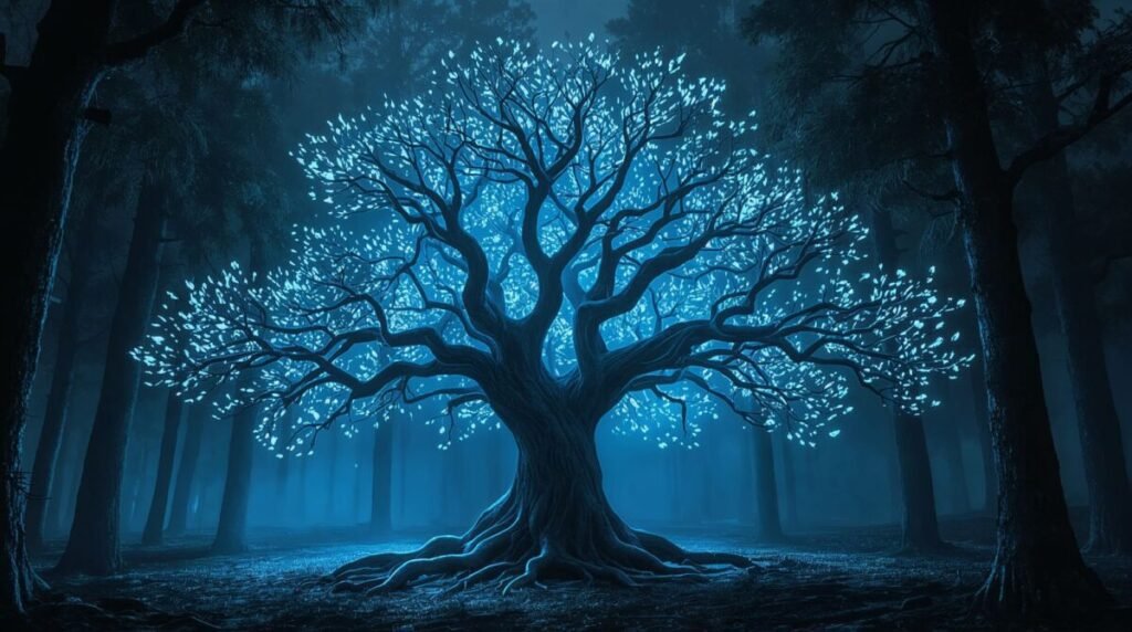 Lucid realism futuristic neon blue tree with intricate branches, sci-fi landscape wide