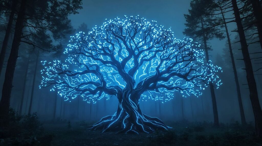 Lucid realism futuristic neon blue tree with intricate branching, cyberpunk style wide