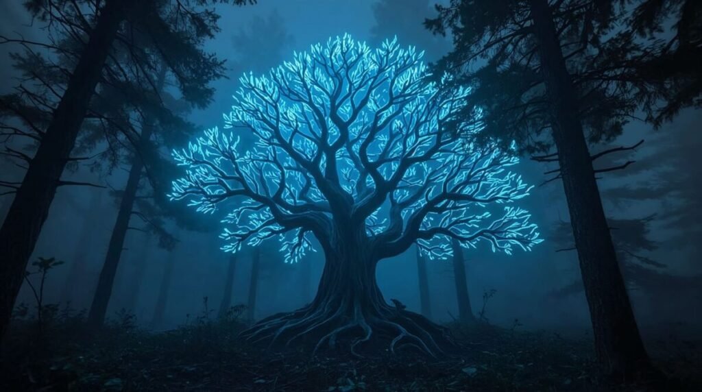 Lucid realism futuristic neon blue tree with intricate branching, glowing effects wide