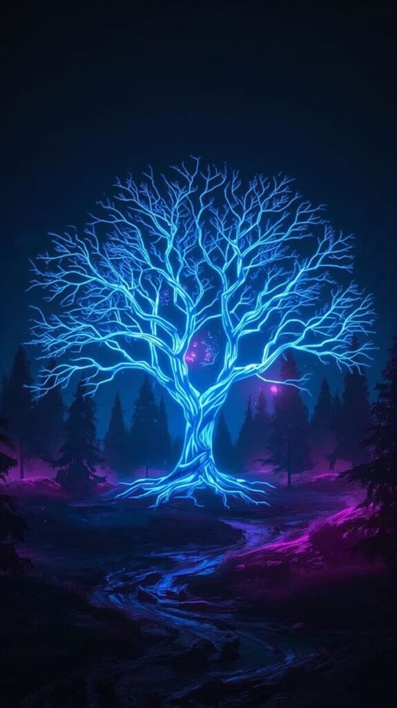 Lucid realism futuristic neon blue tree with vibrant glowing branches, vertical shot