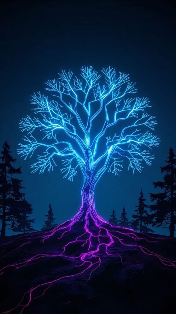 Lucid realism futuristic neon blue tree with vibrant glowing branches, vertical wallpaper