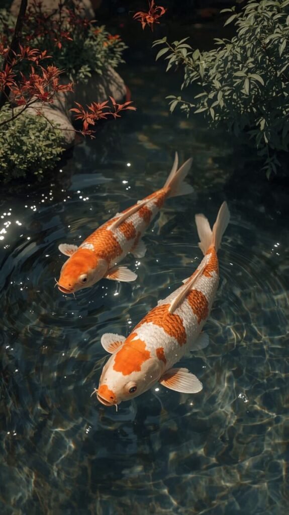 Vertical shot of a beautiful golden and white Koi fish in clear water