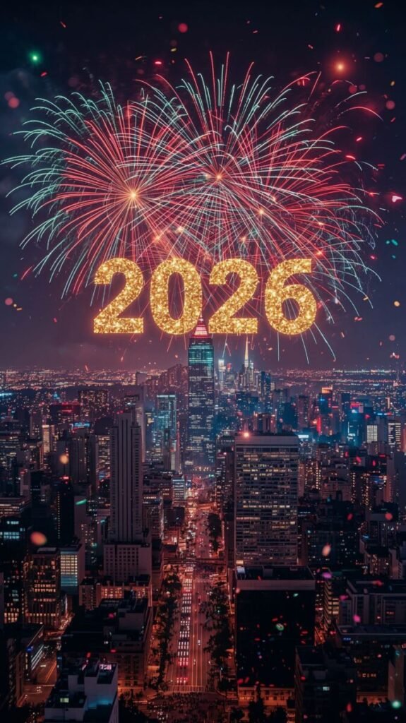 Colorful Fireworks Happy New Year 2026 Phone Wallpaper