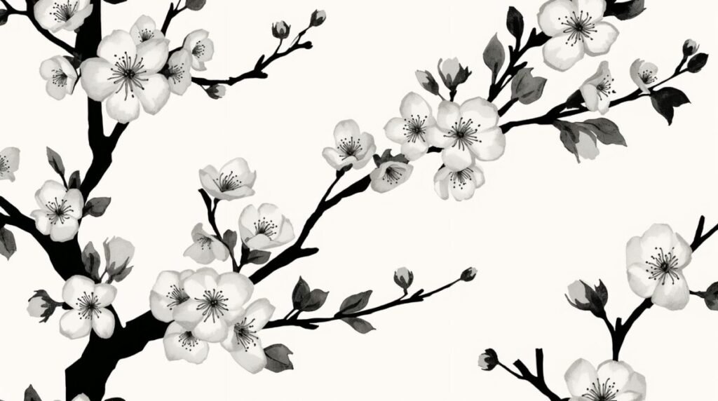 Japanese inspired black and white floral pattern