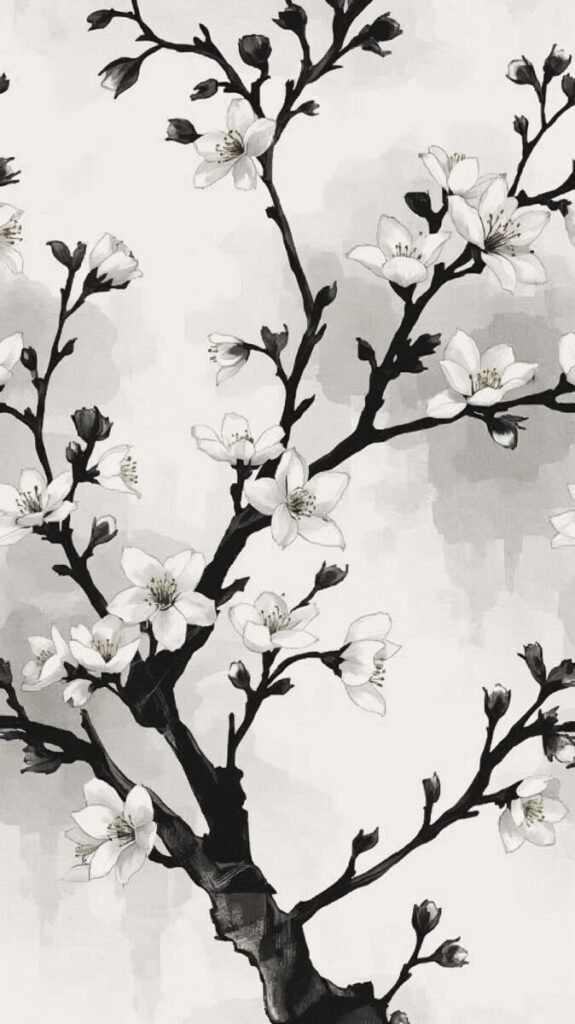 Japanese style white flower on black background wallpaper