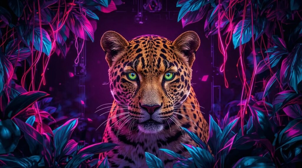 Leopard wallpaper with vibrant fur and glowing eyes, 4K resolution