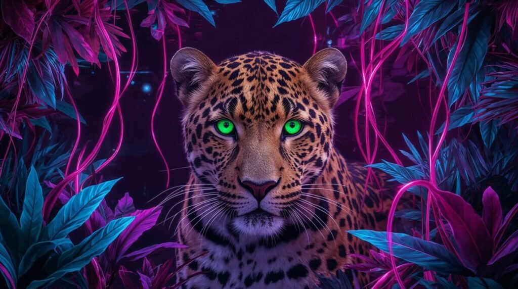 Realistic Leopard wallpaper with intense glowing eyes and detailed fur