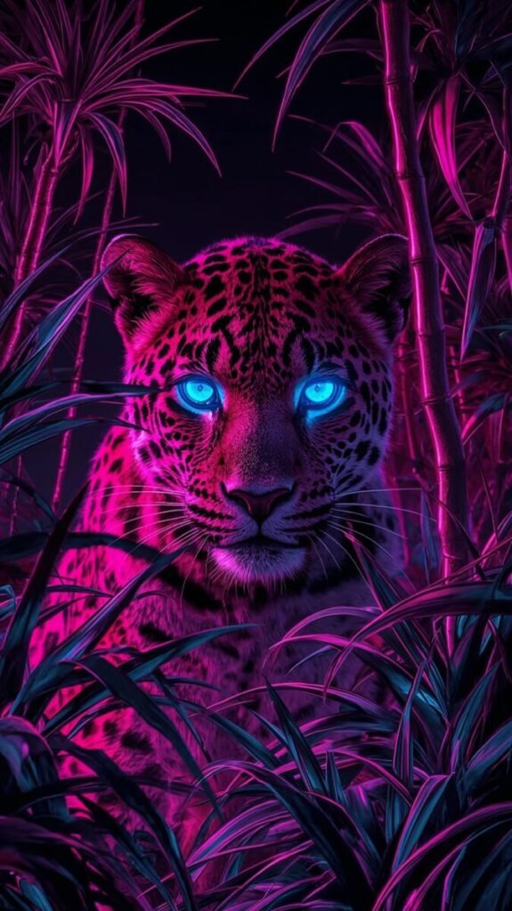 Vertical Leopard wallpaper featuring vibrant fur and piercing glowing eyes