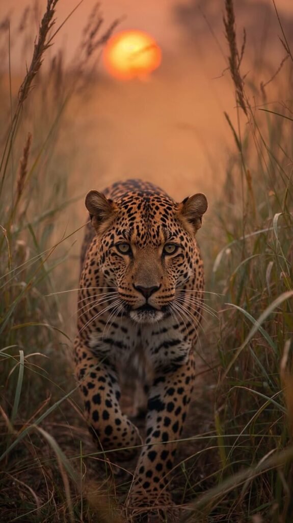 Vertical Leopard image with vibrant golden fur and dark spots, full body shot