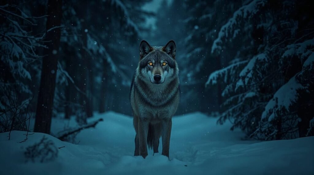 Lone wolf with piercing yellow glowing eyes wallpaper