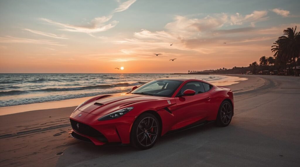 Luxury Red Sports Car with Sleek Lines and Chrome Wallpaper