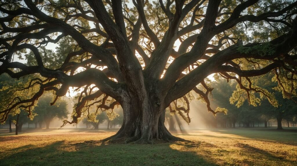 Lucid realism majestic ancient oak tree with a broad trunk and wide canopy, detailed landscape