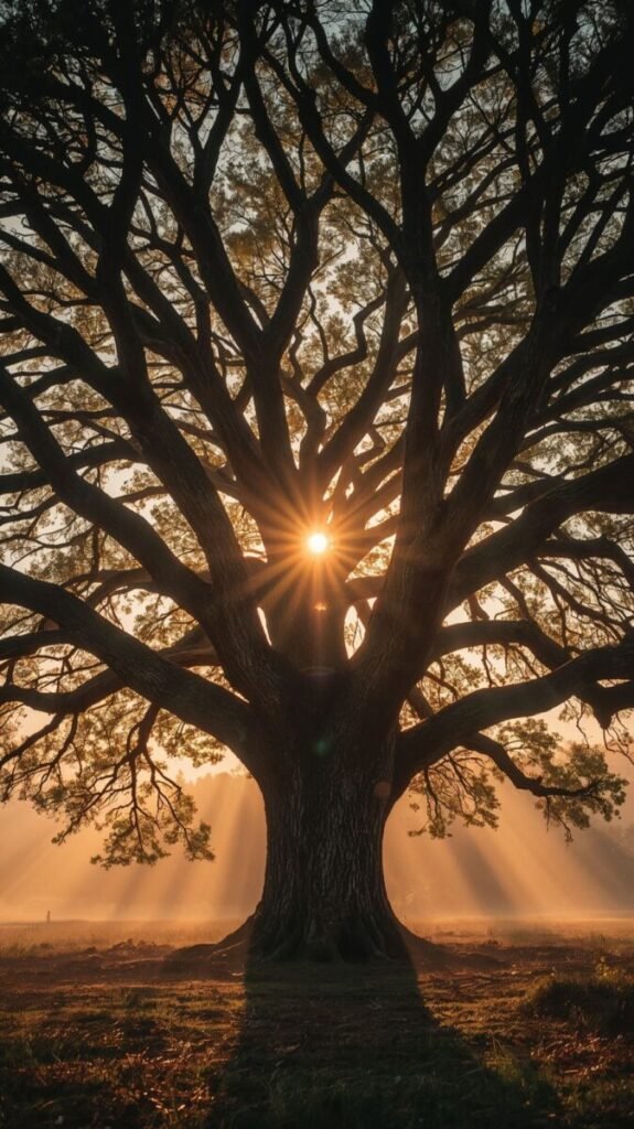 Lucid realism majestic ancient oak tree with a wide trunk and broad canopy, vertical landscape