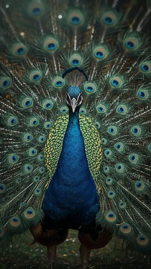 Vertical Majestic Peacock with Iridescent Feathers