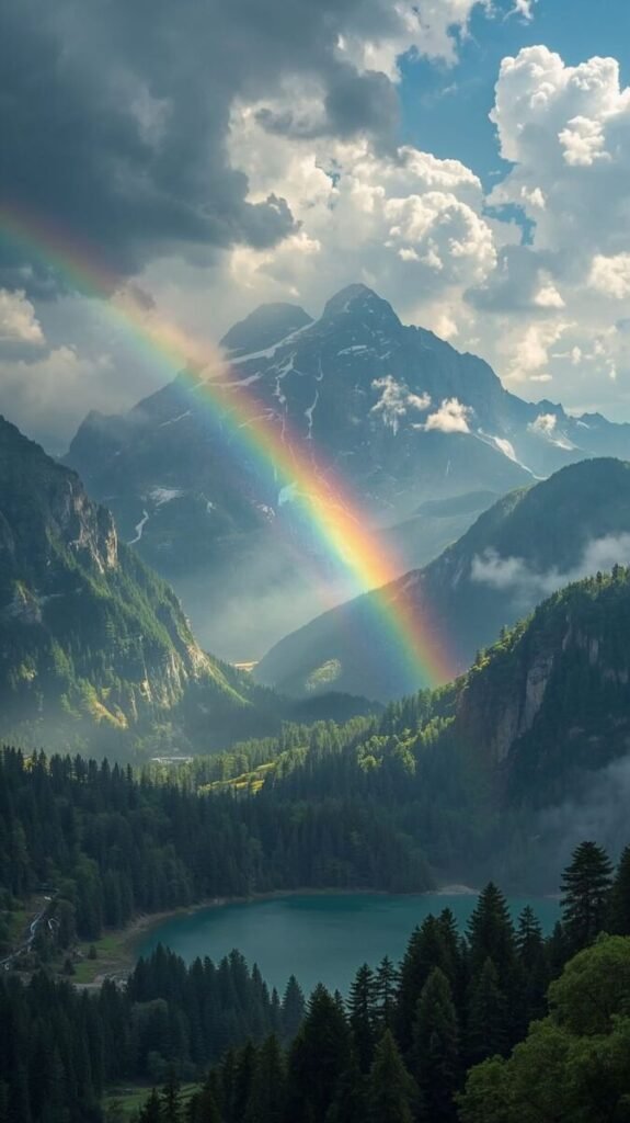 Majestic Rainbow Stretching Over Misty Mountains
