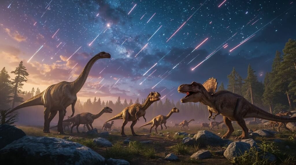 Meteor Shower Illuminating a Misty Prehistoric Landscape