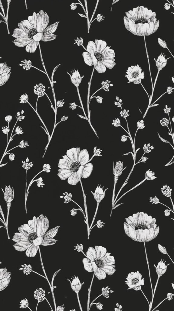 Minimalist clean black and white floral wallpaper