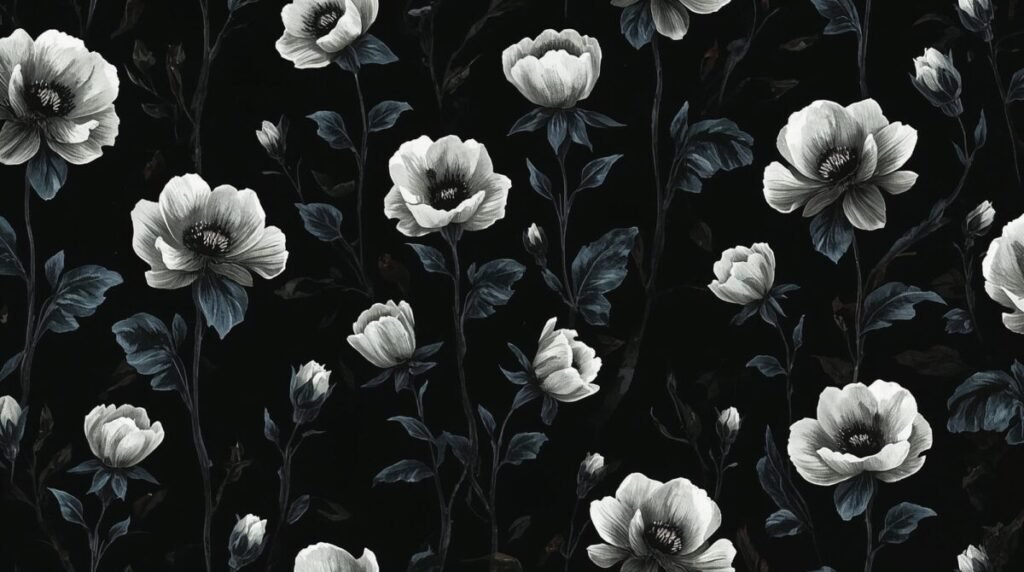 Moody black and white floral wallpaper with dark accents