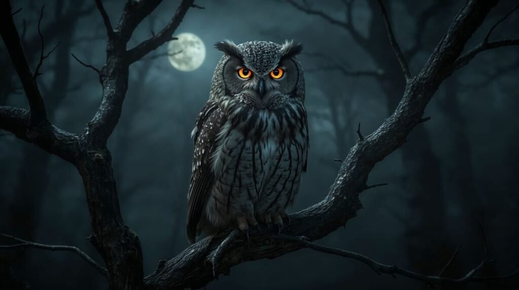 Lucid realism mysterious owl perched on a twisted tree branch