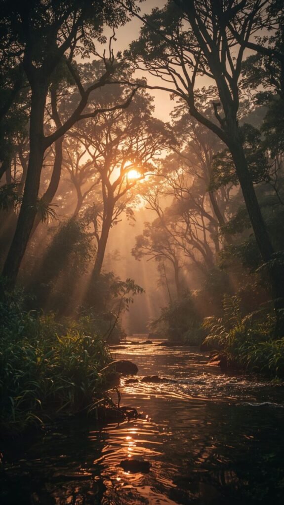 Eerie and beautiful mystical jungle image taken at dawn, featuring heavy, glowing fog.