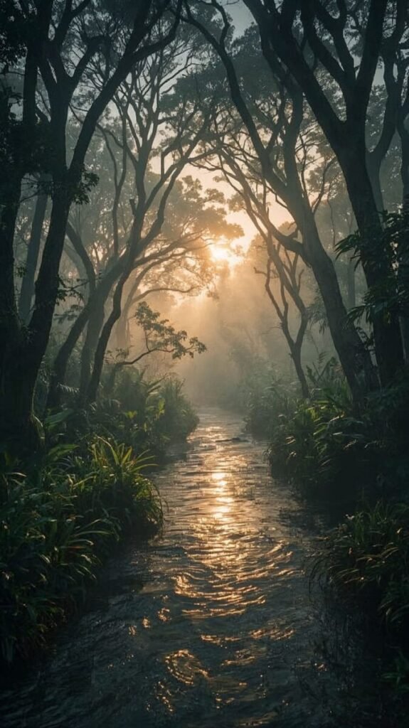 Mystical jungle at dawn with a glowing fog enveloping the trees, vertical orientation.