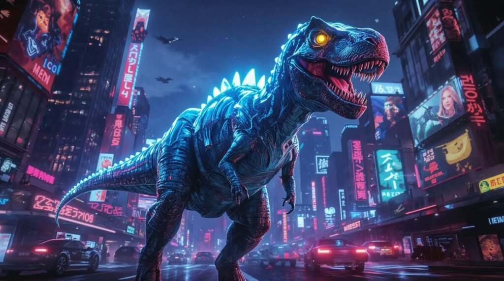 Neon Cyberpunk Dinosaur with Glowing Blue Armor