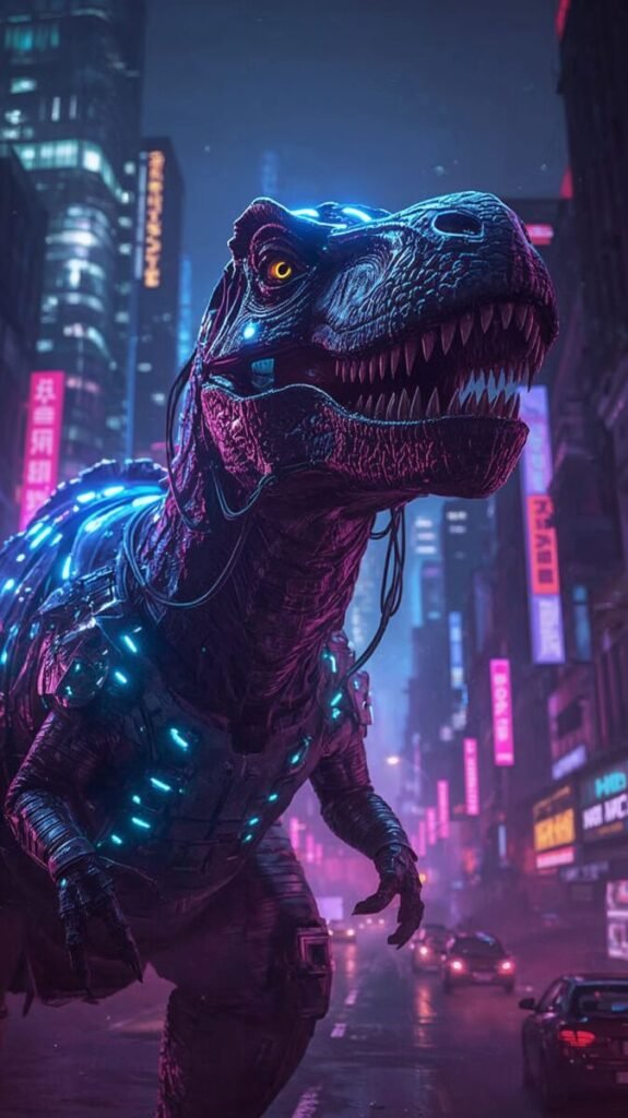 Neon Cyberpunk Dinosaur with Intricate Design