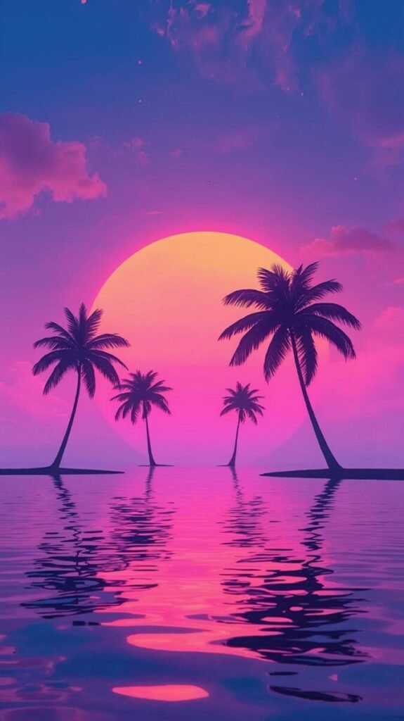 Sleek palm trees in neon tropical sunset