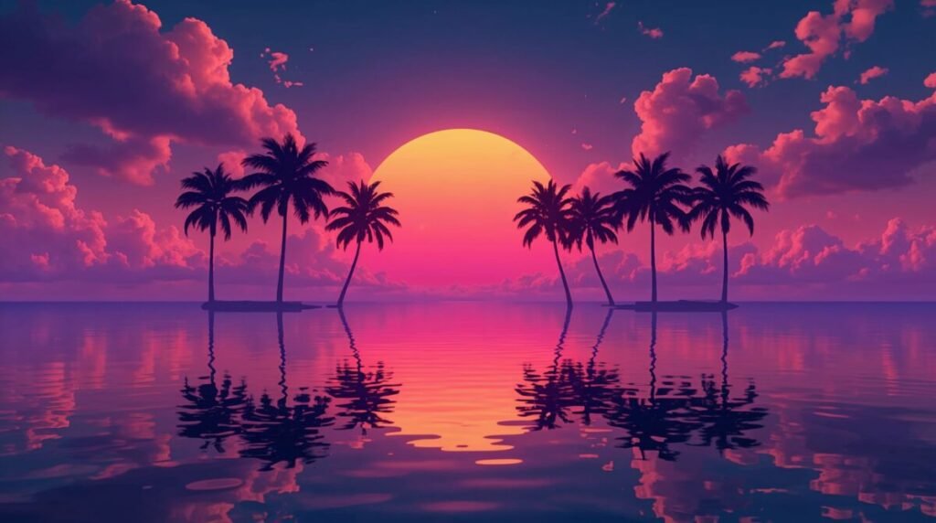 Neon sunset over tropical island with tall palms
