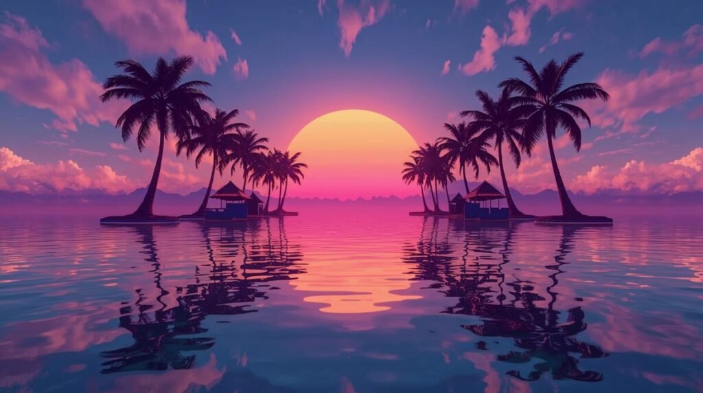 Sunset tropical island with tall neon palm trees