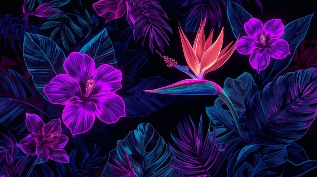 Intricate neon tropical floral wallpaper landscape