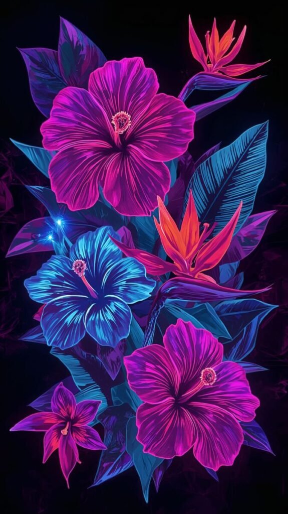 Vibrant neon tropical floral pattern portrait