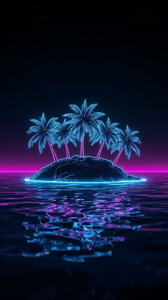 Neon tropical island suspended in deep space aesthetic
