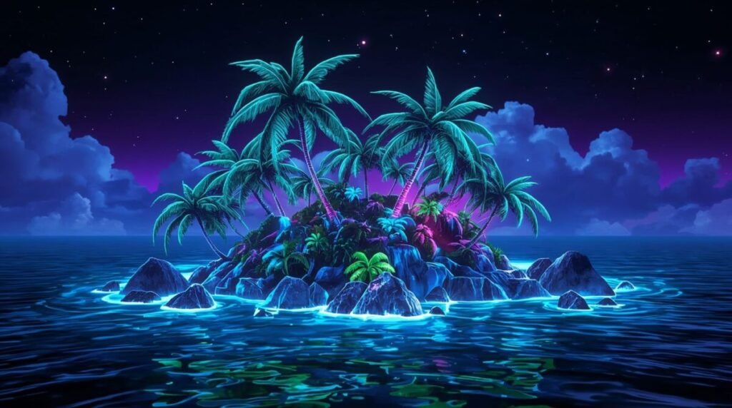 Neon island landscape suspended in dark void