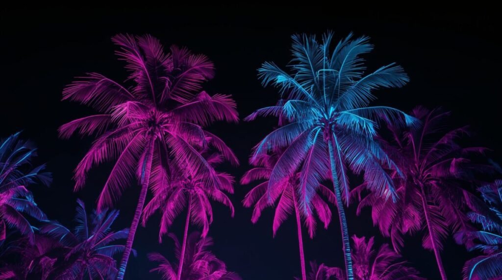 Neon tropical night landscape with glowing trees
