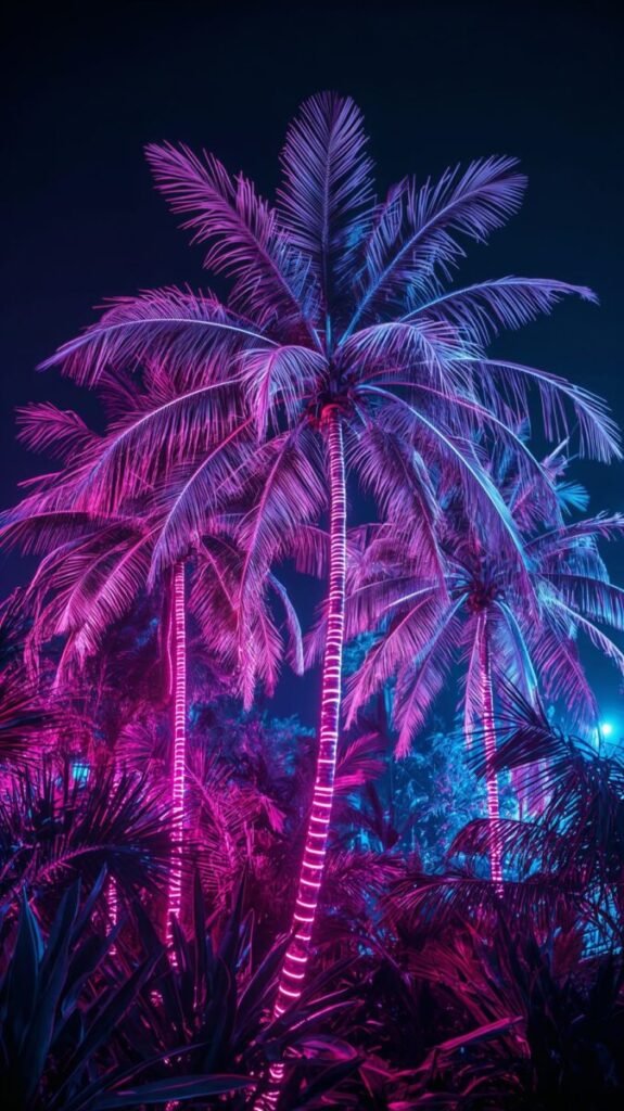 Glowing neon palm trees tropical mobile wallpaper