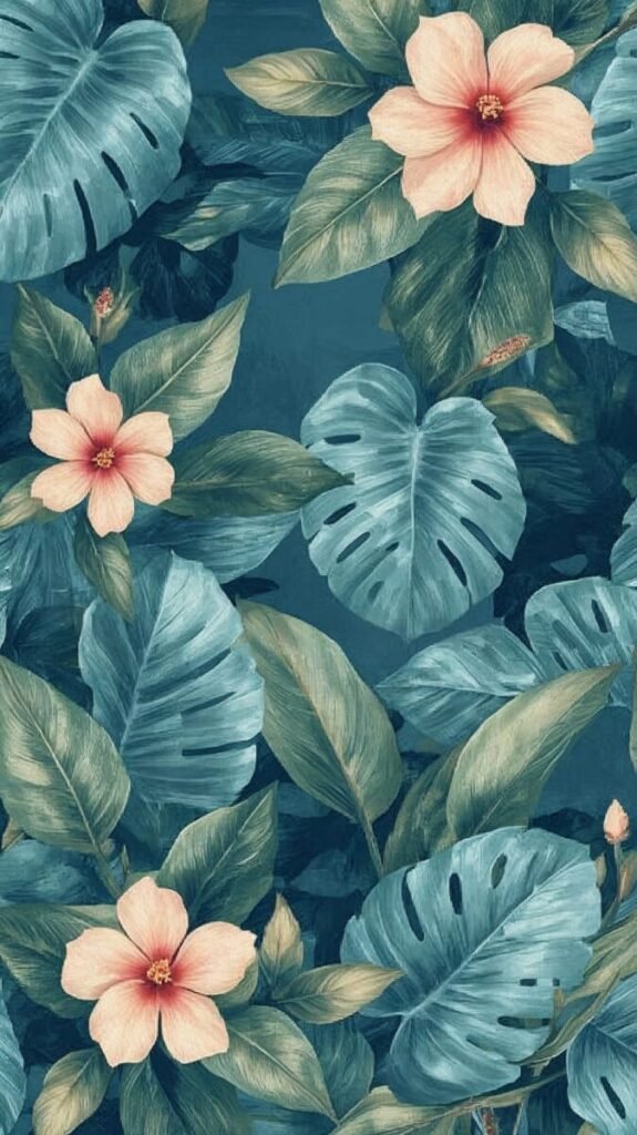 Vertical Ocean Blue Wallpaper with Lush Tropical Flowers