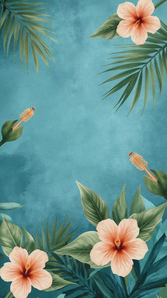 Second Vertical Ocean Blue Wallpaper with Lush Tropical Flowers